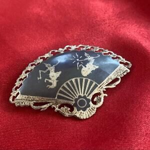 Vintage Black & Silver Siam Niello Sterling Silver Dancers Filigree Fan Brooch